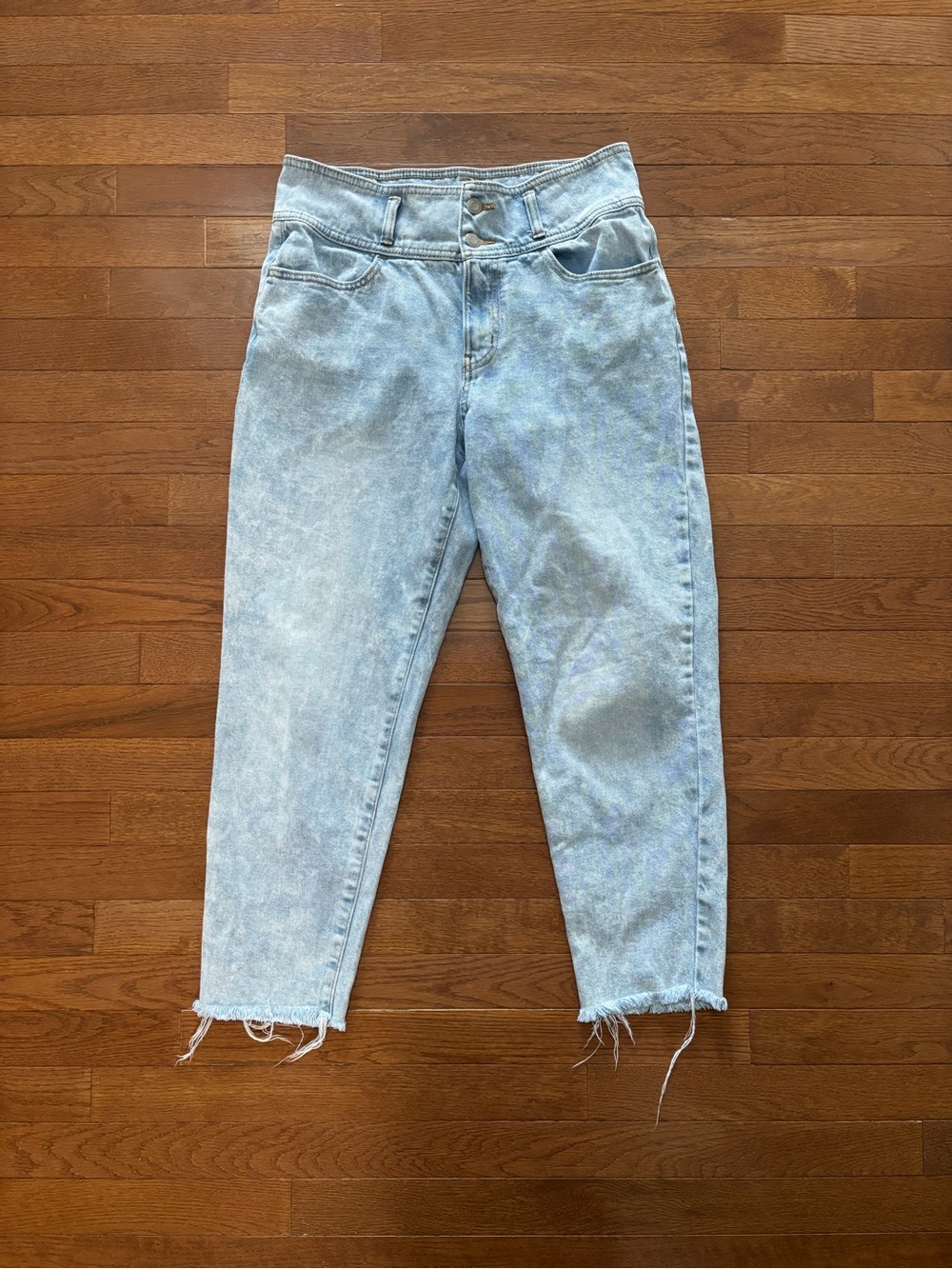 SO High Rise Light Wash Mom Jeans with Frayed Hem Ankles
